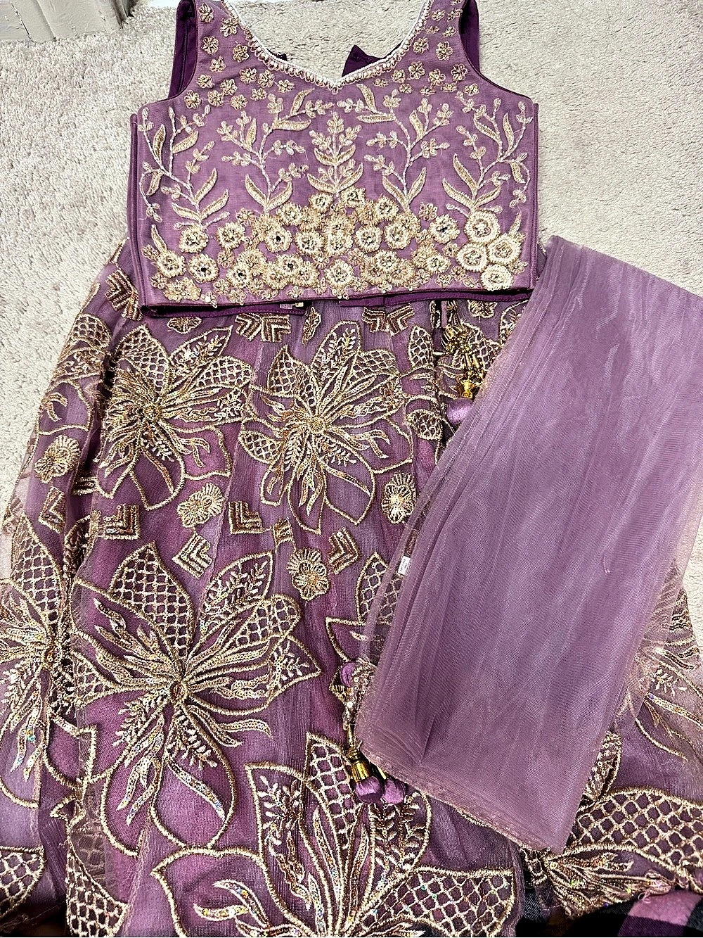 Lilac & Gold Floral Embellished Formal kids Lengha
